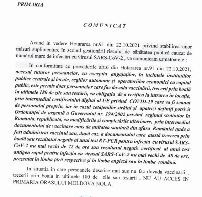 MOLDOVA NOUA:N-AI CERTIFICAT VERDE , STAI ACASA!